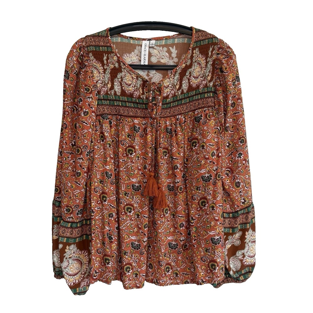Womens Rust Colored Floral Top Sz L Puff Long Sleeves Festival Boho Fairy‎ Flowy